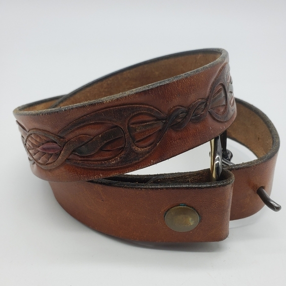 Vintage Artisan handmade belt women 30 brown embossed tooled vine leaf pattern - Picture 14 of 15